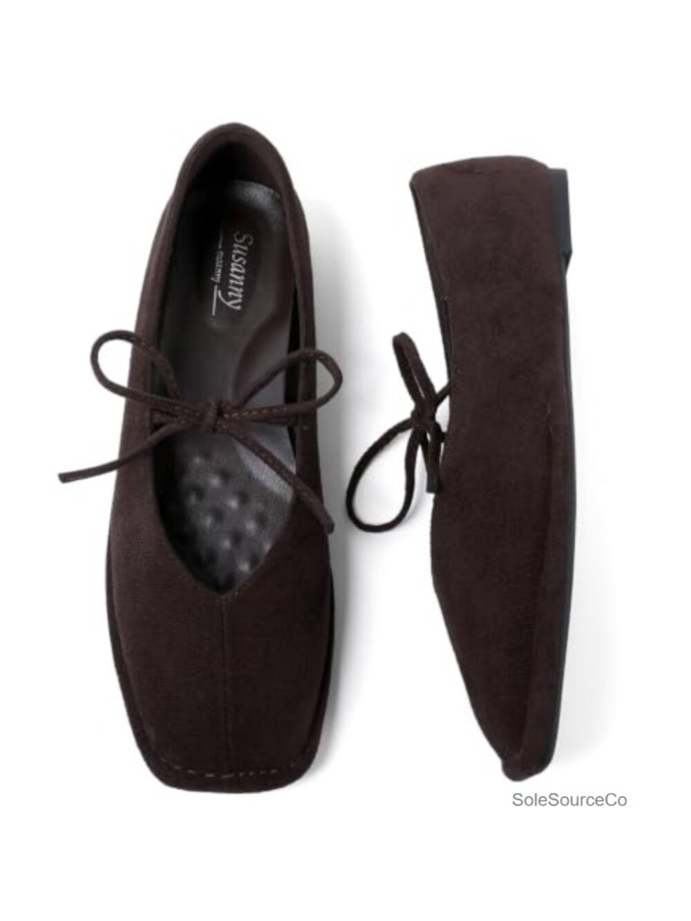Square Toe Ballet Flats with Strap Lace Up Bow Comfortable Dress Shoes